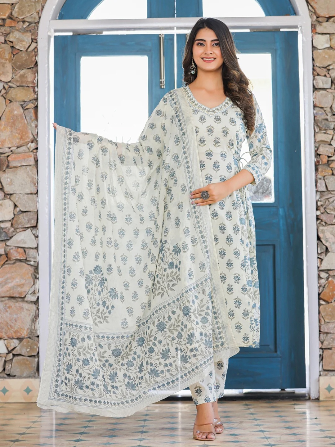 

KALINI Floral Printed V-Neck Straight Kurta With Trousers & Dupatta, White