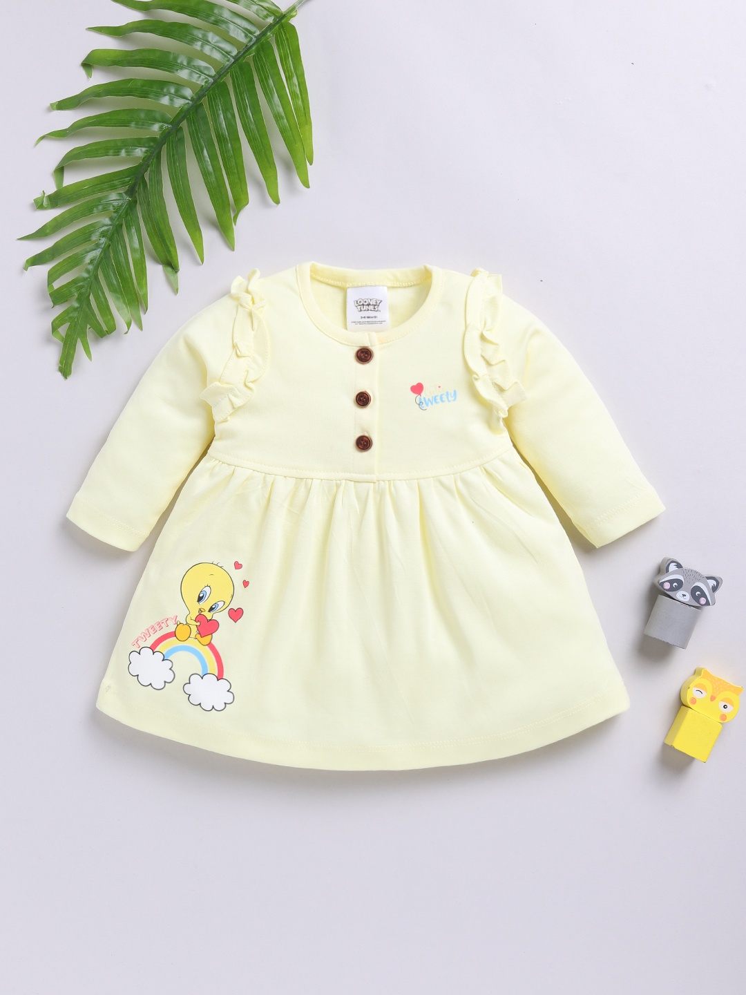 

YK X Tinyo Infant Girls Tweety Printed Ruffled Pure Cotton Fit & Flare Dress, Yellow