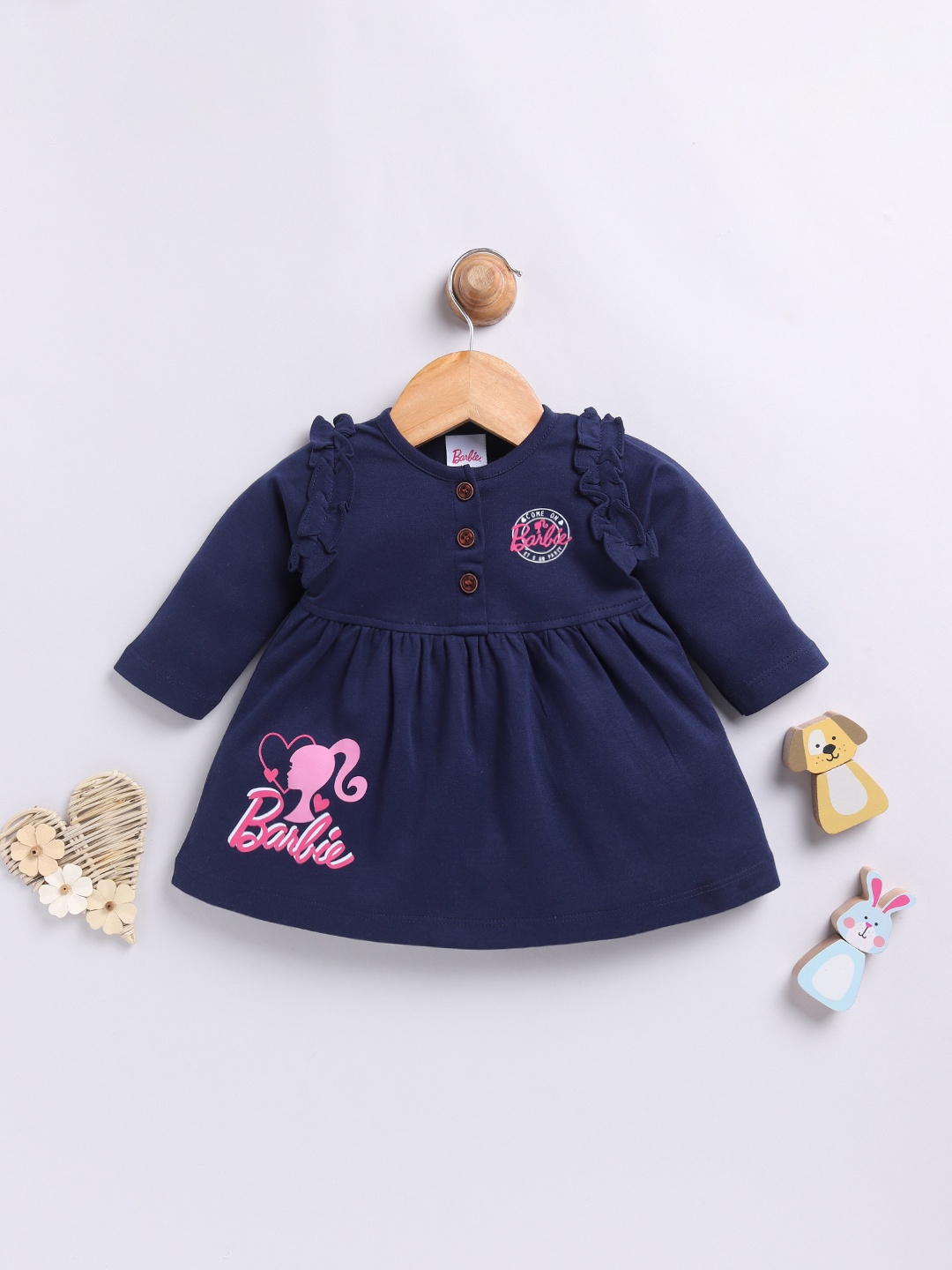 

YK X Tinyo Infant Girls Barbie Printed Ruffled Pure Cotton Fit & Flare Dress, Navy blue