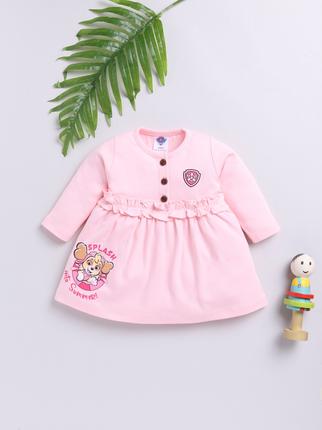 

YK X Tinyo Infant Girls Barbie Printed Ruffled Pure Cotton Fit & Flare Dress, Pink