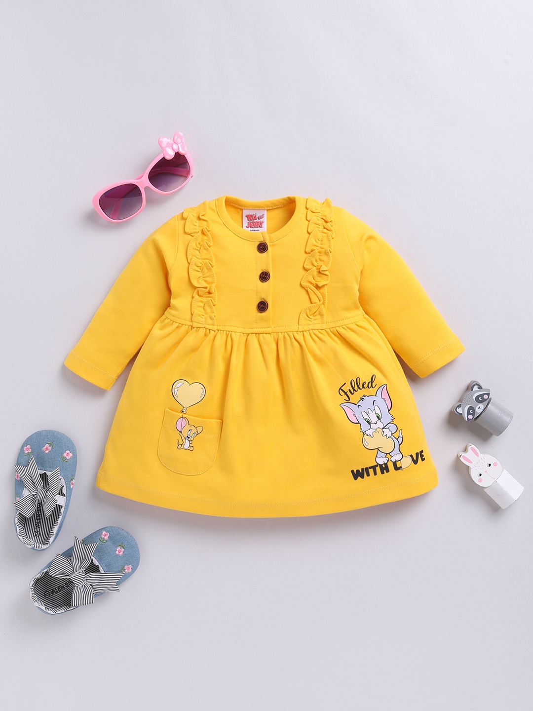 

YK X Tinyo Girls Tom & Jerry Printed Fit & Flare Dress, Mustard