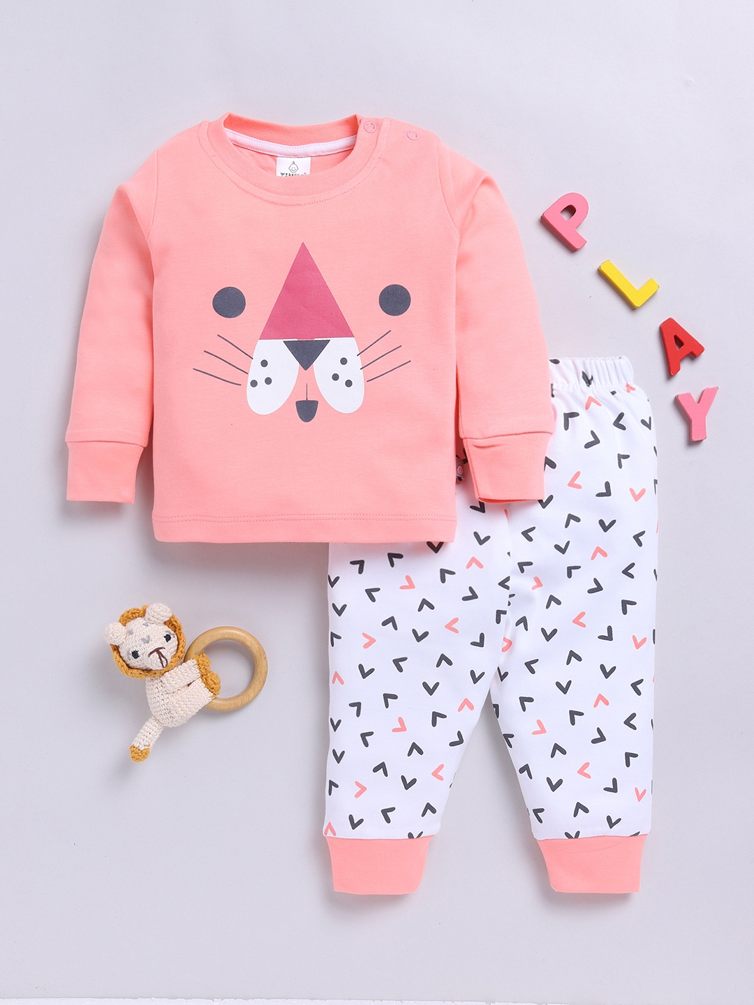 

YK X Tinyo Infant Boys Pure Cotton Printed T-shirt with Joggers, Peach