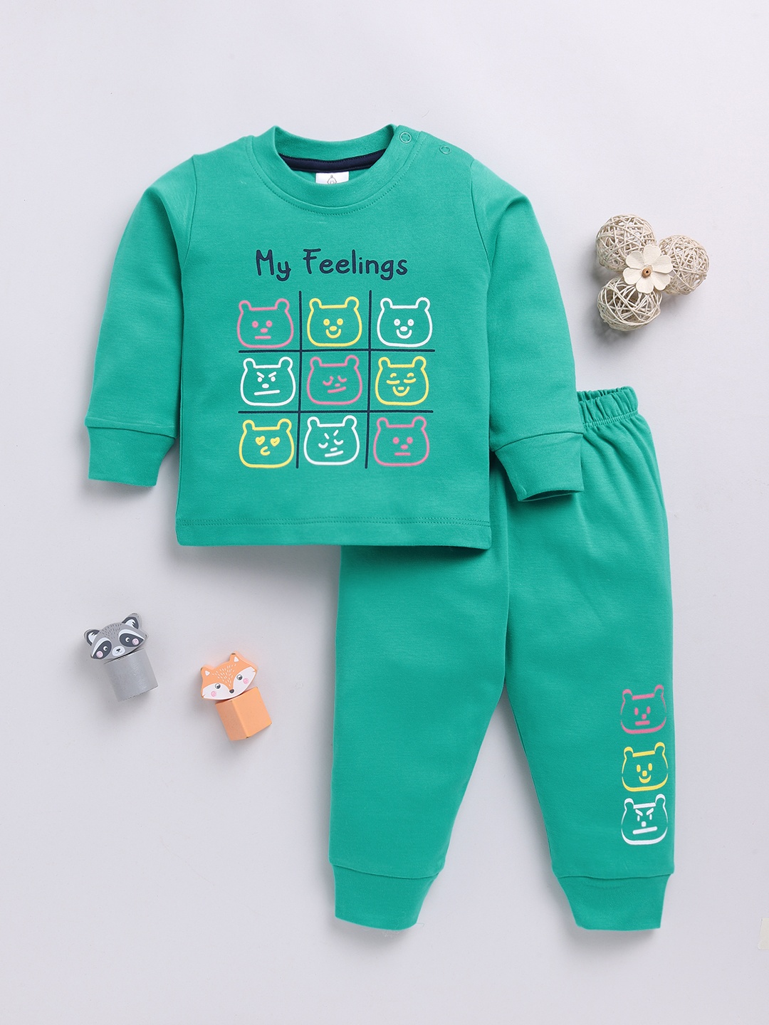 

YK X Tinyo Infant Boys Pure Cotton Printed T-shirt with Joggers, Green