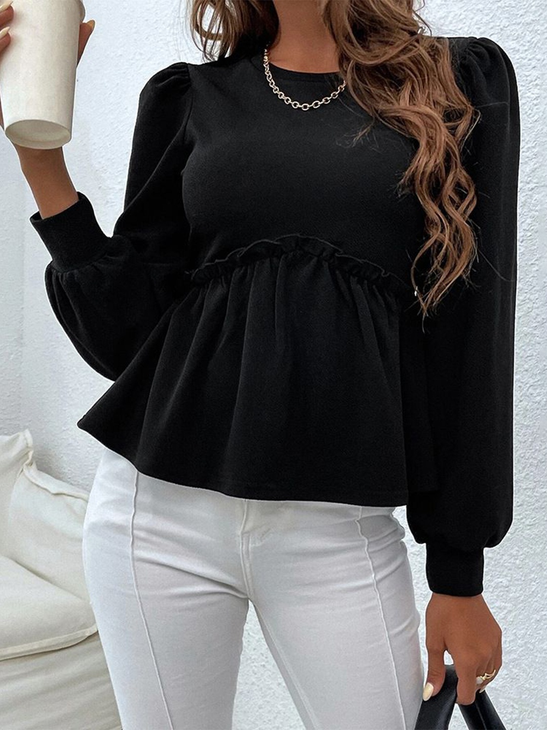 

StyleCast Women Solid Round Neck Top, Black