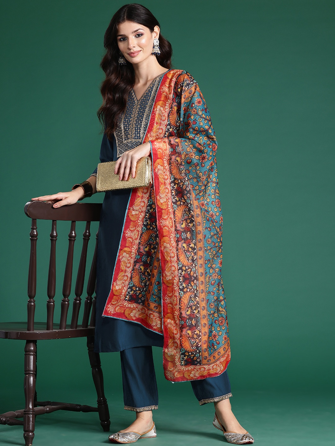 

Indo Era Ethnic Motifs Embroidered Sequinned Liva Kurta With Trousers & Dupatta, Navy blue