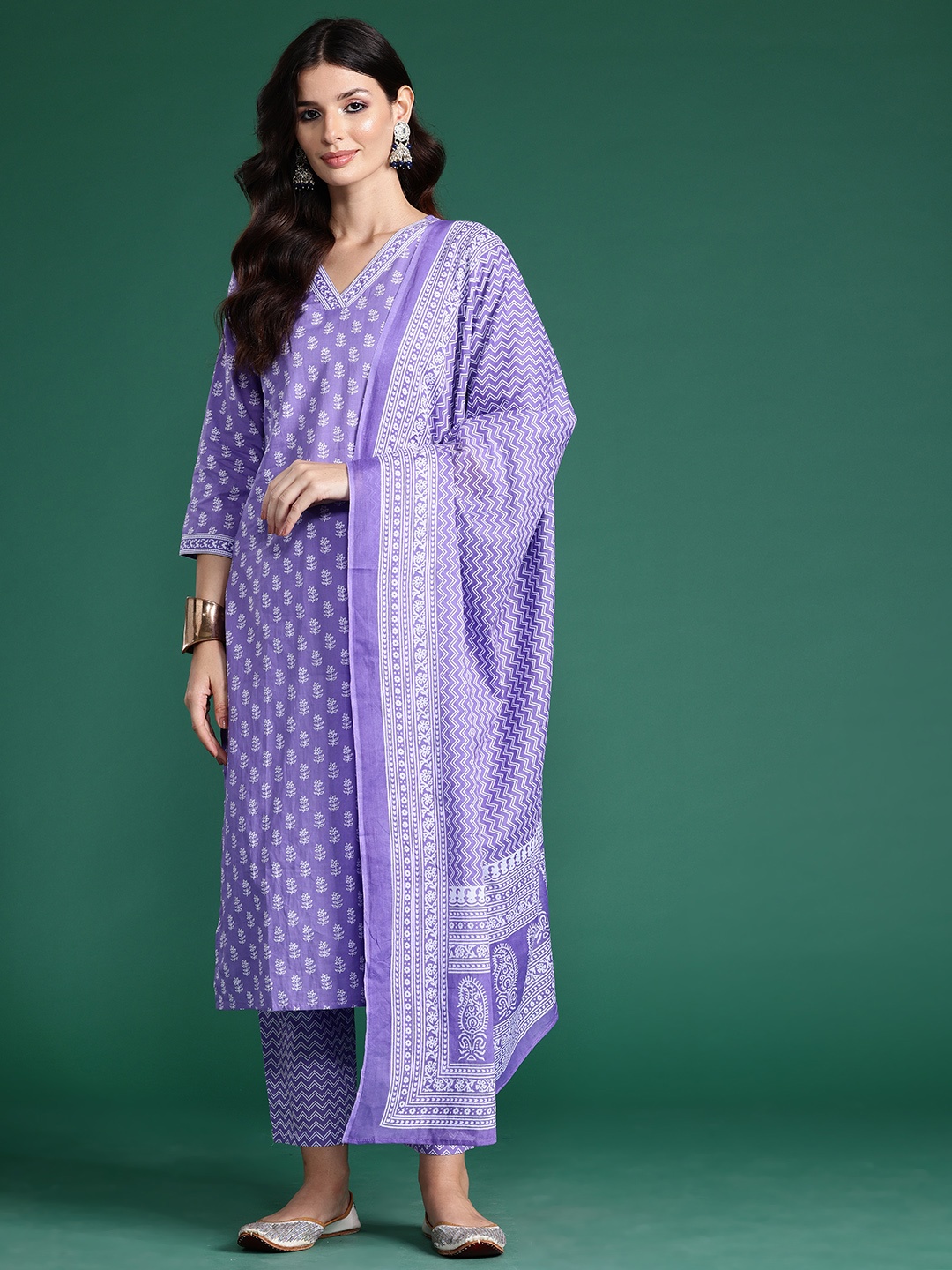 

Indo Era Floral Printed Pure Cotton Kurta With Trousers & Dupatta, Lavender