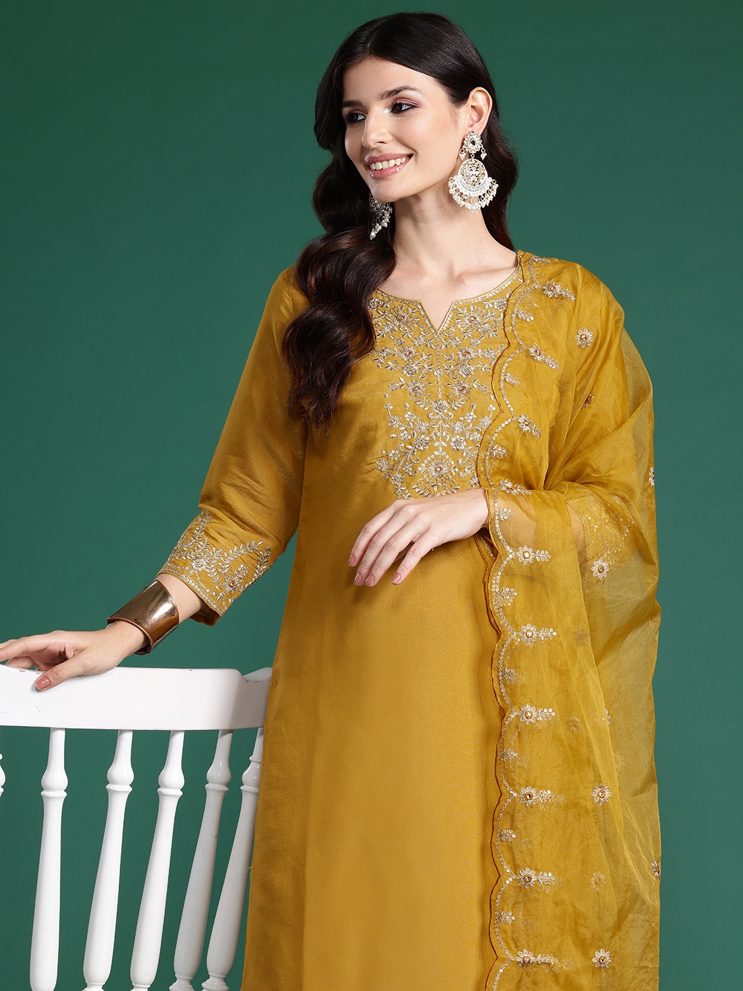 

Indo Era Ethnic Motifs Embroidered Regular Gotta Patti Kurta with Trousers & With Dupatta, Mustard