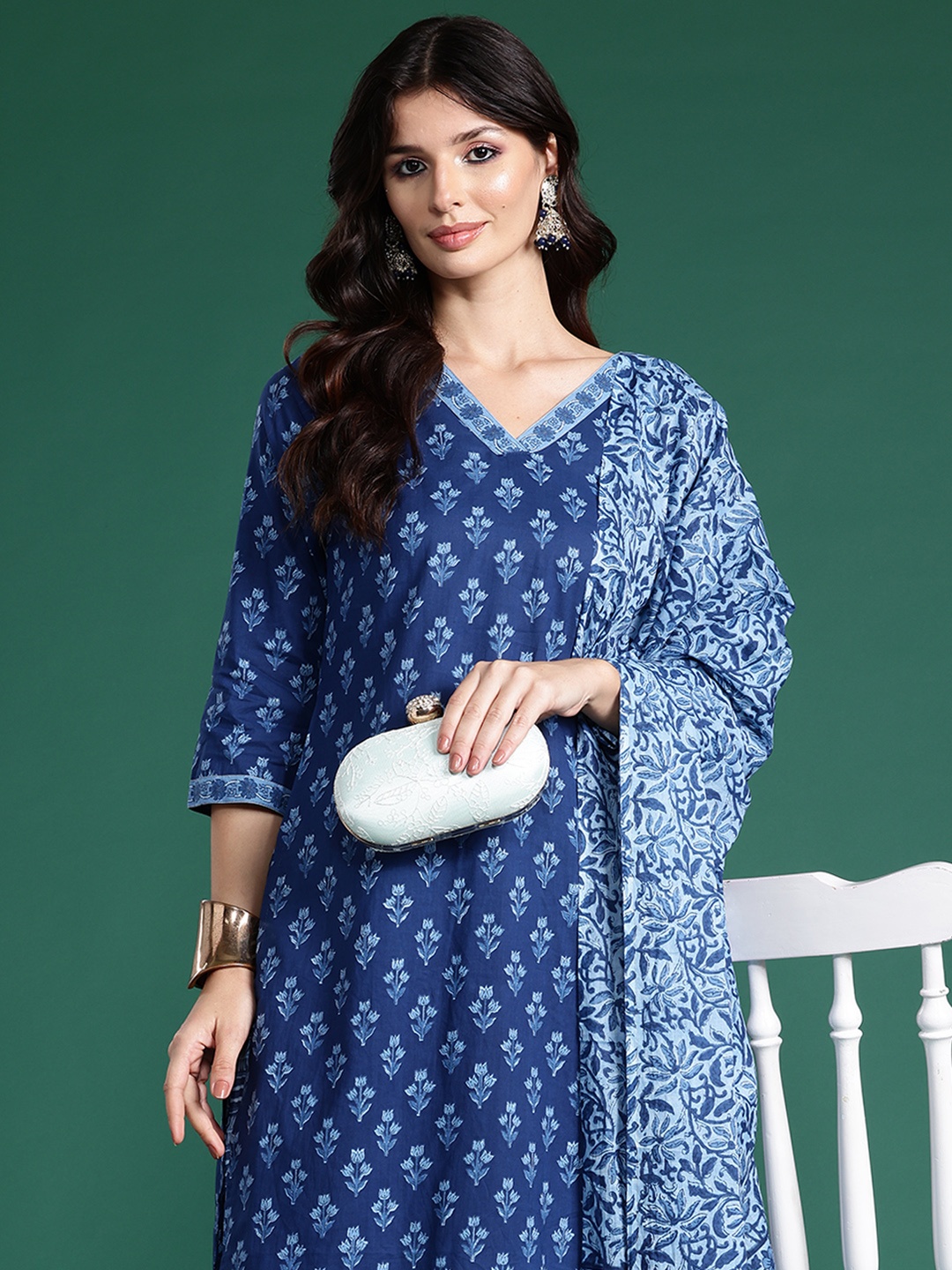 

Indo Era Floral Printed Pure Cotton Kurta With Palazzos & Dupatta, Navy blue