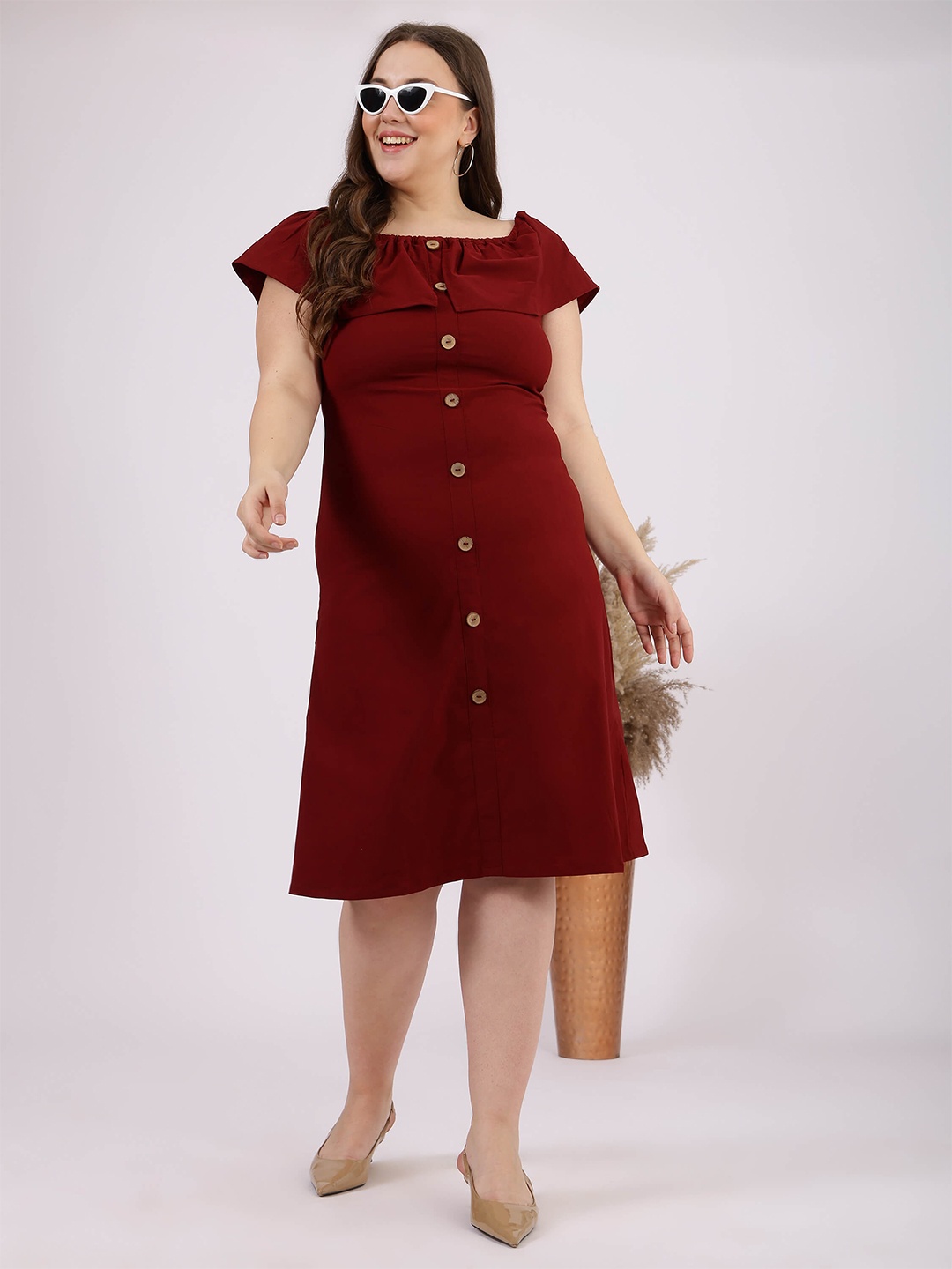 

Curvy Lane Plus Size Ruffled A-Line Midi Women Dress, Maroon