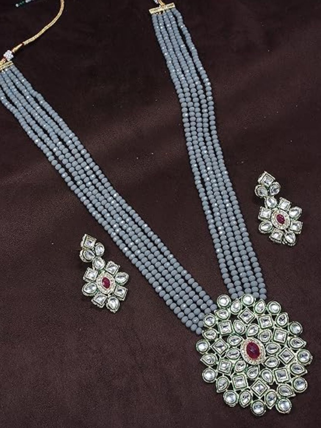 

I Jewels Gold-Plated Kundan-Studded & Beaded Jewellery Set
