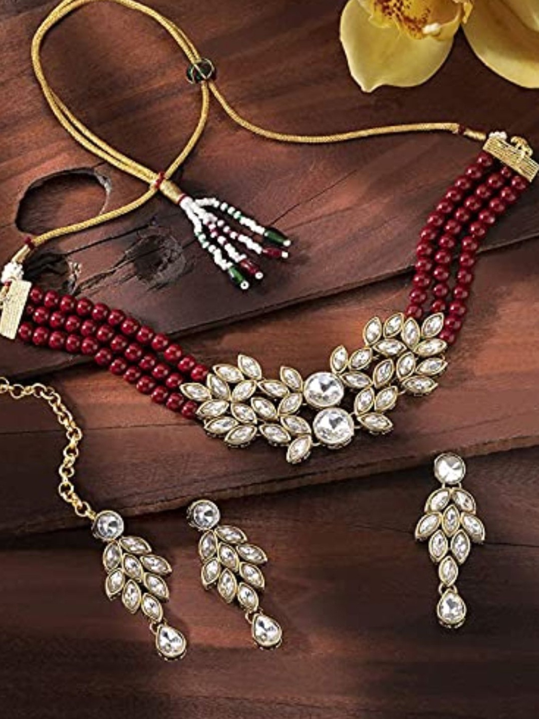 

I Jewels Gold-Plated Traditional Stones & Pearl Studded Jewellery Set