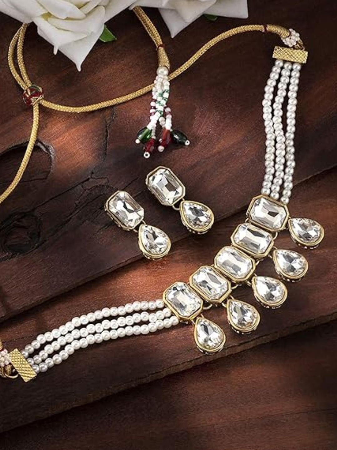 

I Jewels Gold-Plated Crystal-Studded & Beaded Jewellery Set