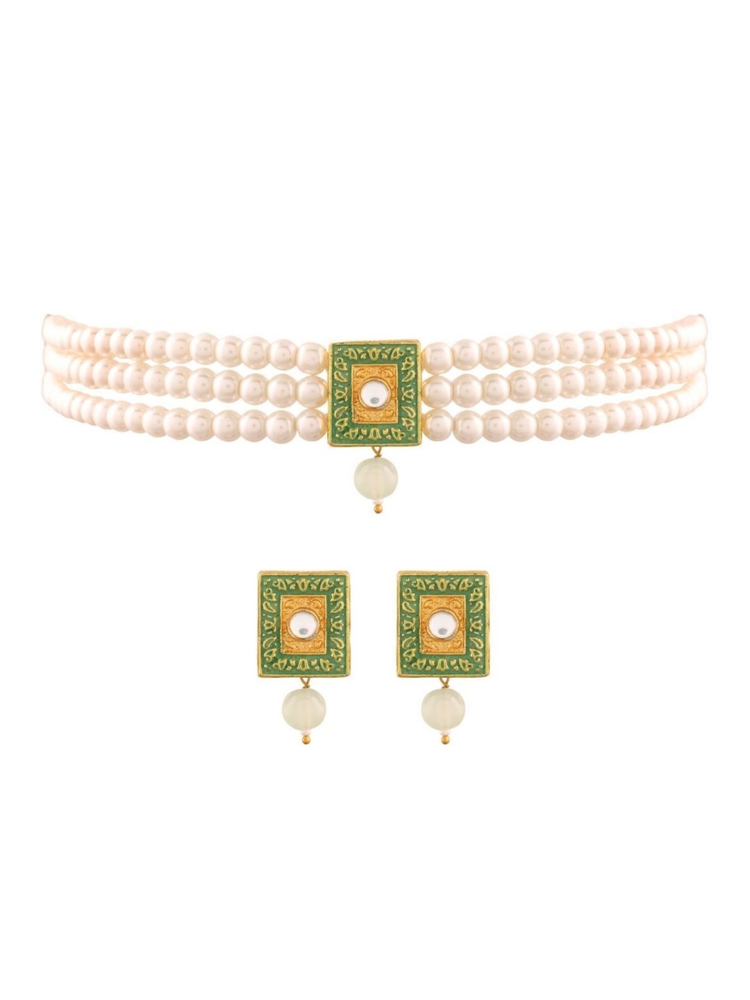 

I Jewels Gold-Plated Stone Studded & Beaded Jewellery Set