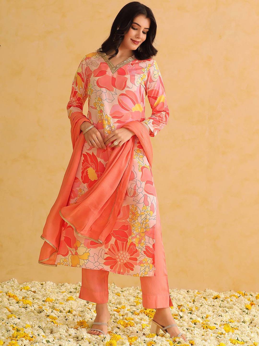 

AHIKA Floral Printed Regular Sequinned Kurta With Trousers & Dupatta, Peach