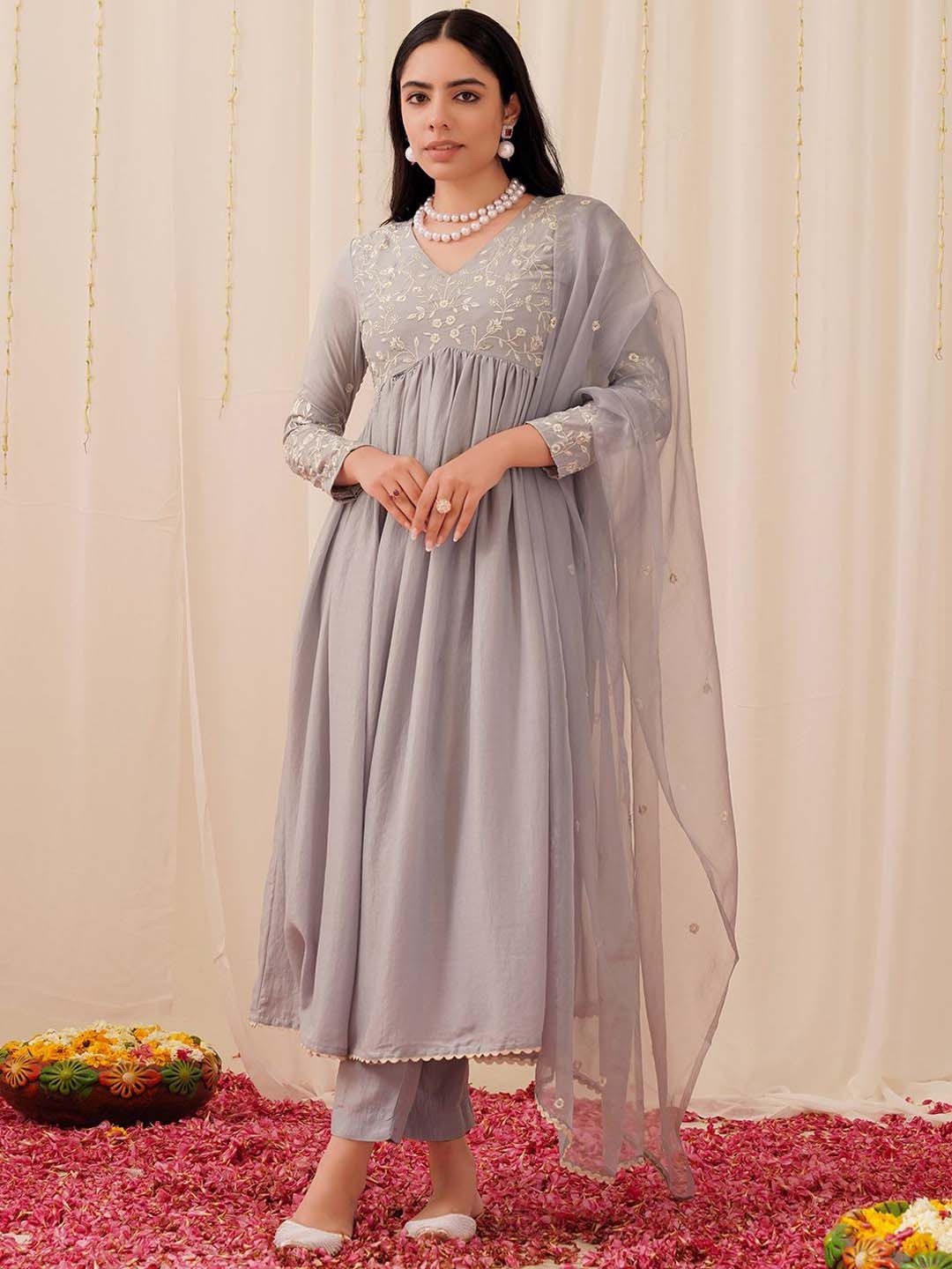 

AHIKA Floral Embroidered Empire A-Line Kurta With Trousers & Dupatta, Grey