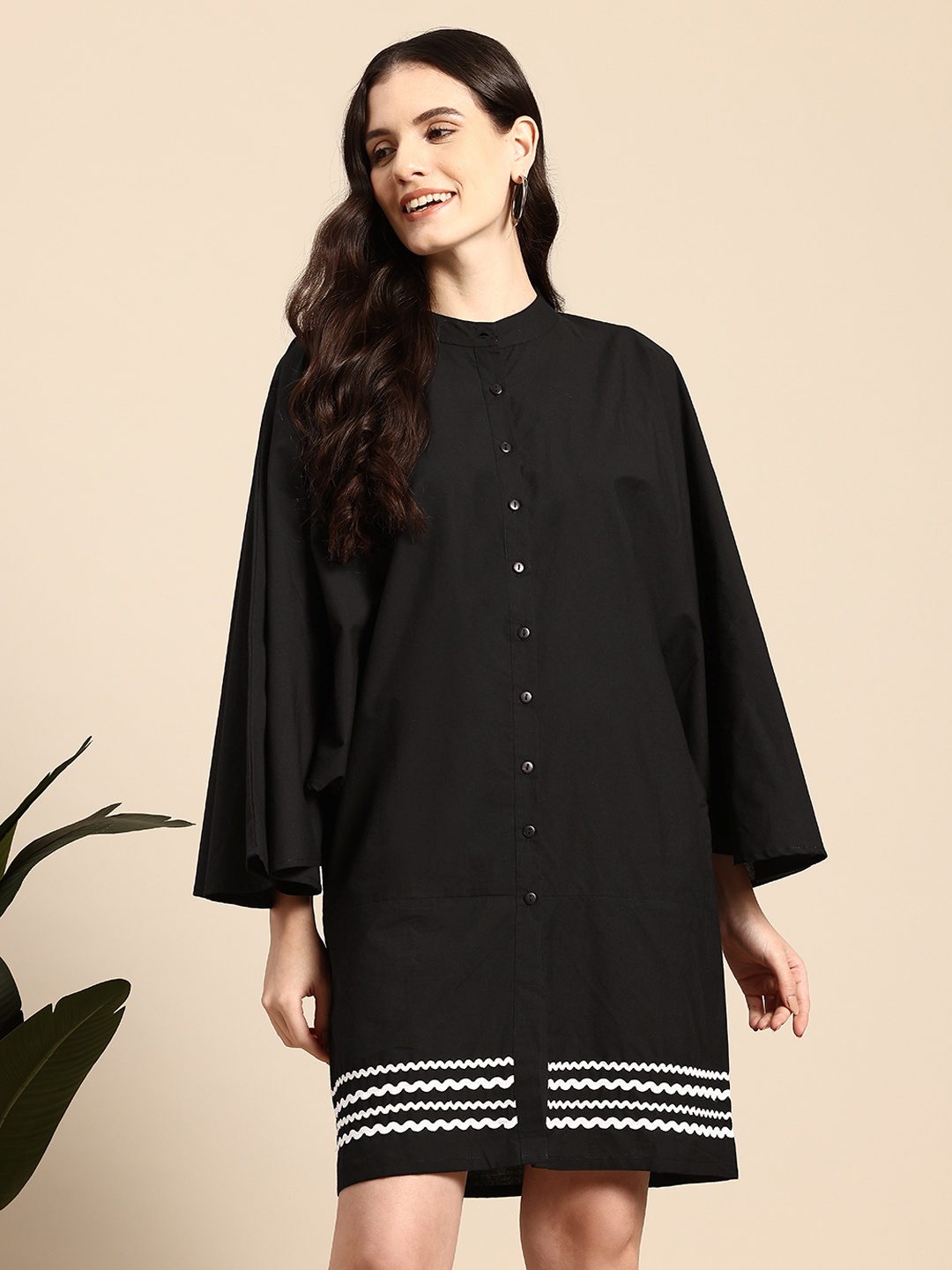 

Mast & Harbour Flared Sleeves Pure Cotton Shirt Dress With Lace Inserts Detail, Black