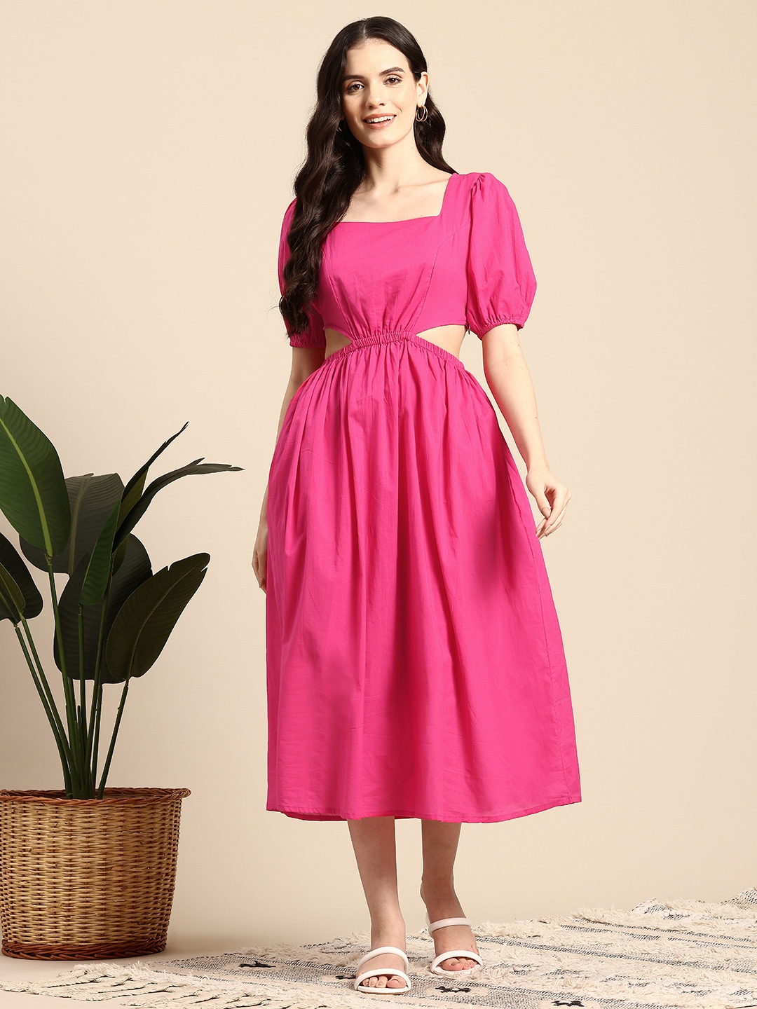 

Mast & Harbour Puff Sleeves Pure Cotton Fit & Flare Midi Dress with Cut-Outs Detail, Pink