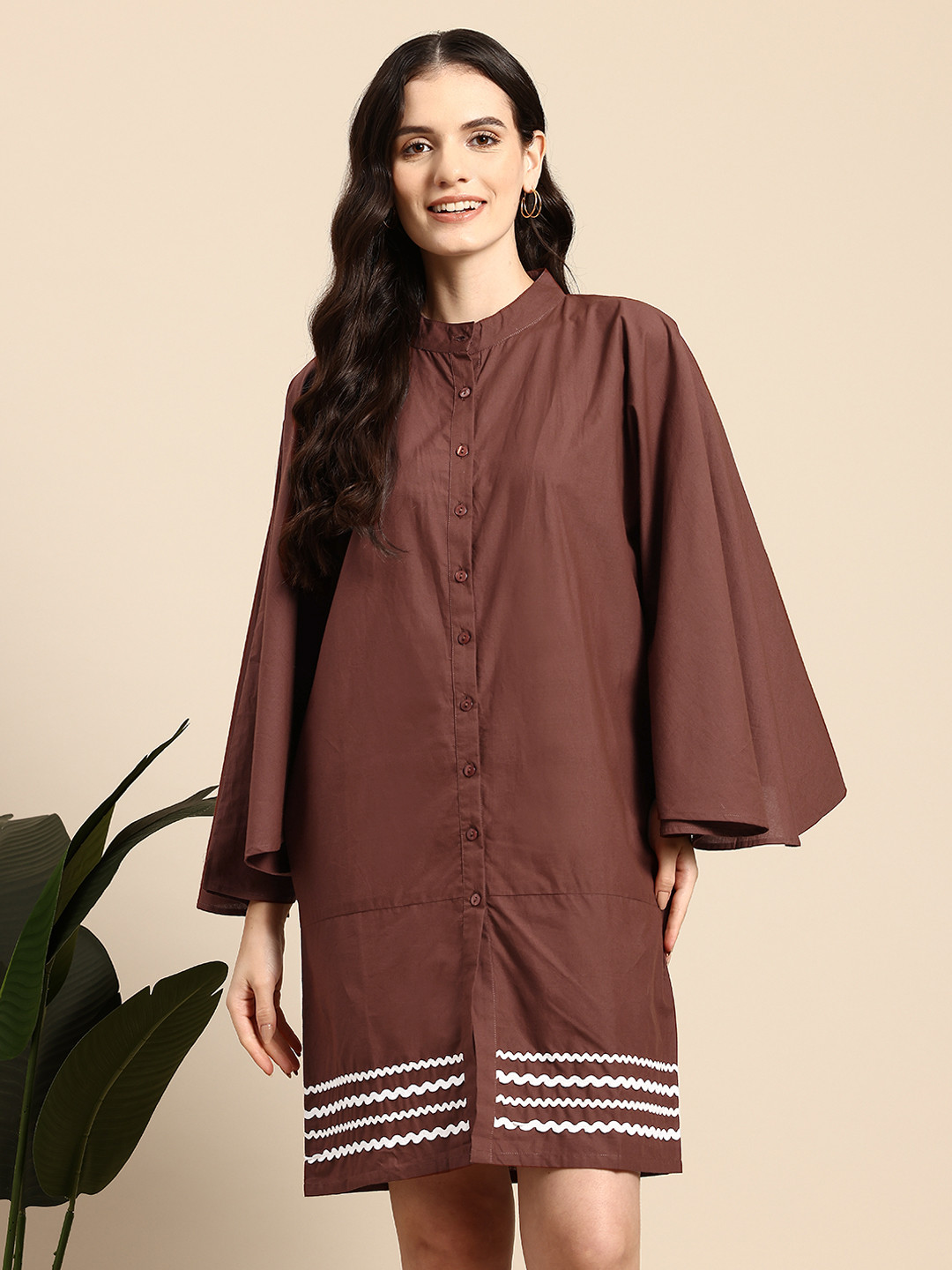 

Mast & Harbour Flared Sleeves Pure Cotton Shirt Dress With Lace Inserts Detail, Brown