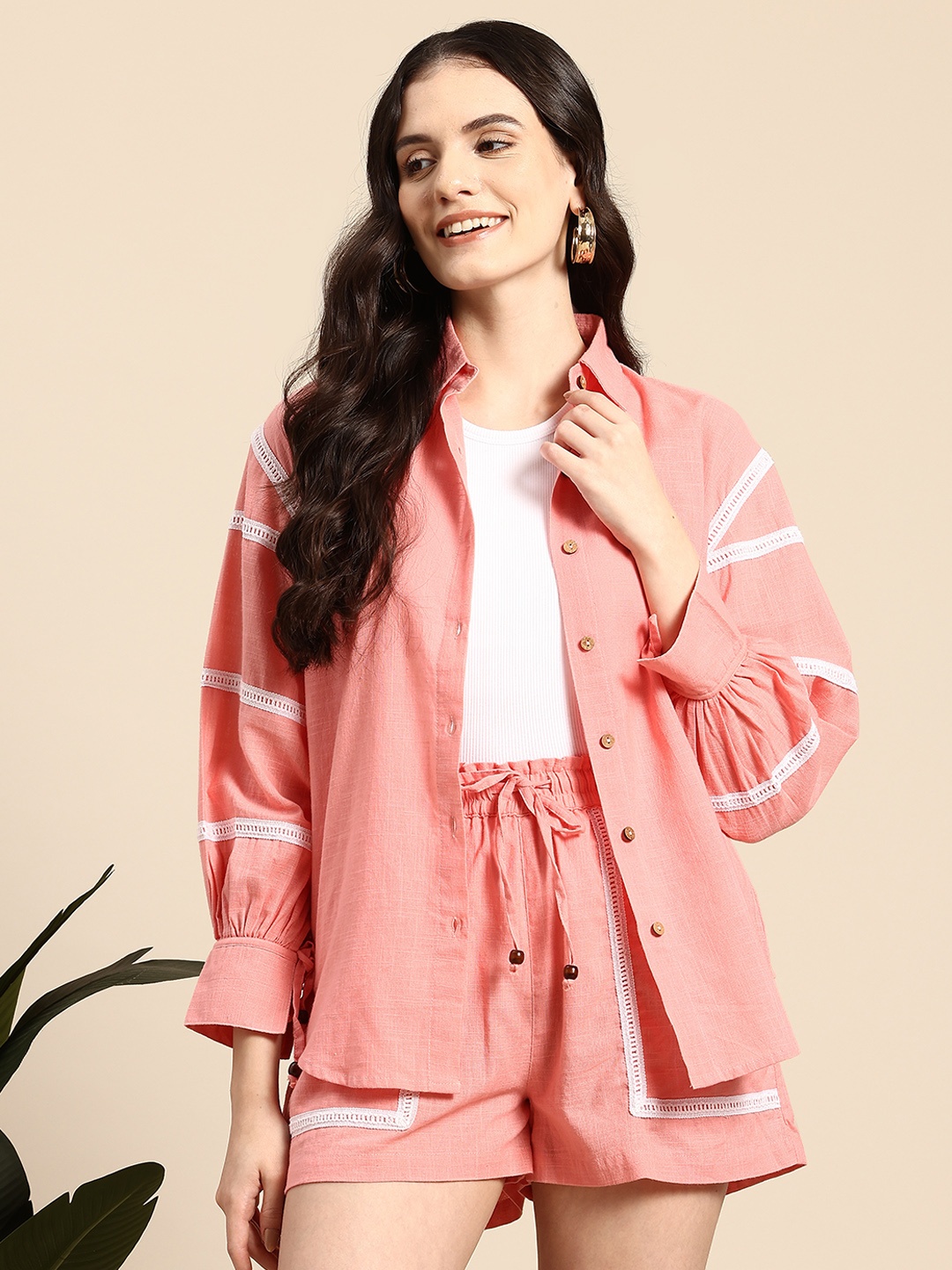 

Mast & Harbour Laced Pure Cotton Shirt With Shorts, Pink