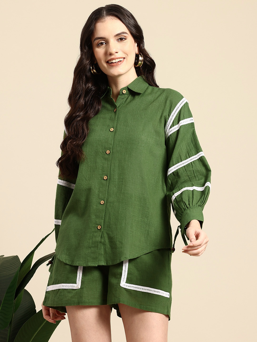 

Mast & Harbour Laced Pure Cotton Shirt With Shorts, Green
