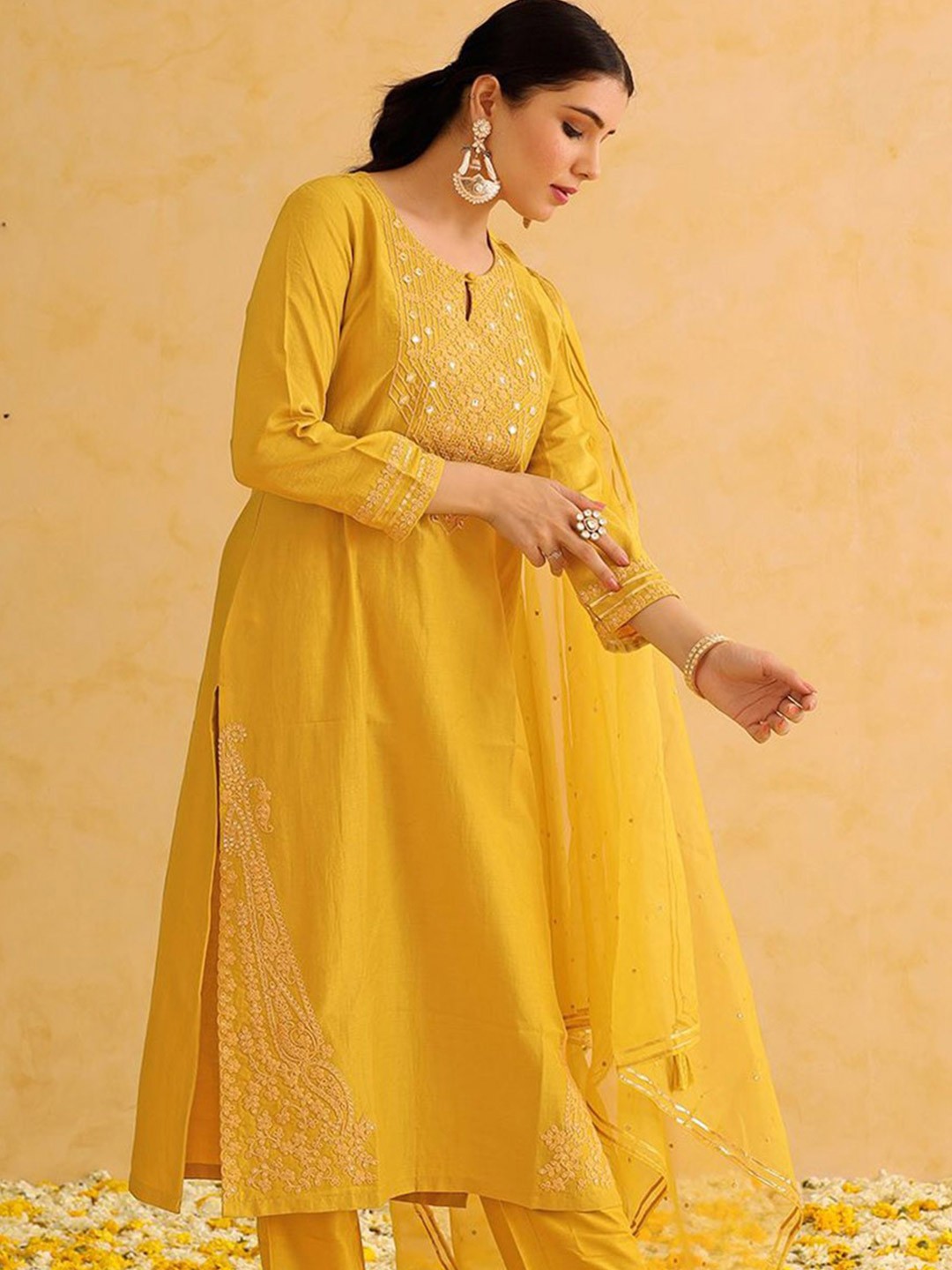 

AHIKA Floral Embroidered Keyhole Neck Mirror Work Straight Kurta With Trousers & Dupatta, Mustard