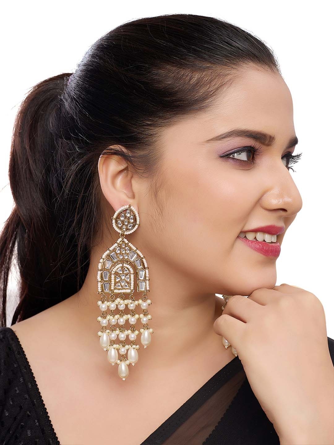 

Rhymee Gold Plated Kundan Studded & Beaded Contemporary Drop Earrings