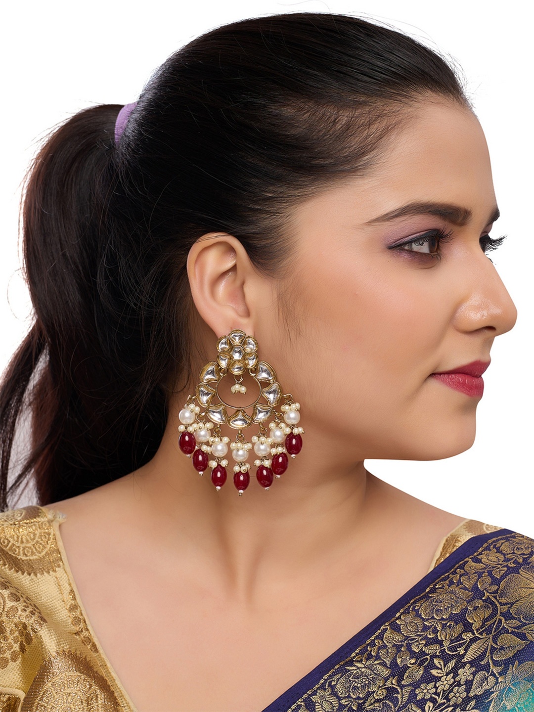 

Rhymee Gold Plated Kundan Studded & Beaded Contemporary Chandbalis