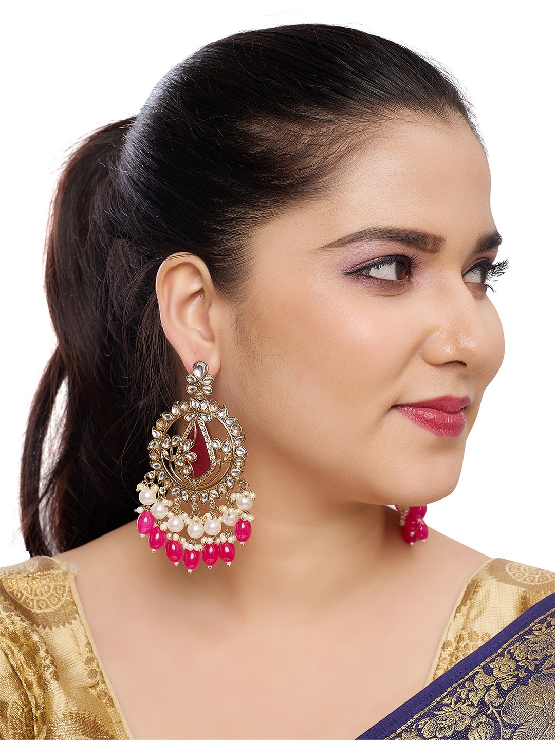 

Rhymee Gold-Plated Kundan & Beaded Drop Earrings, Pink