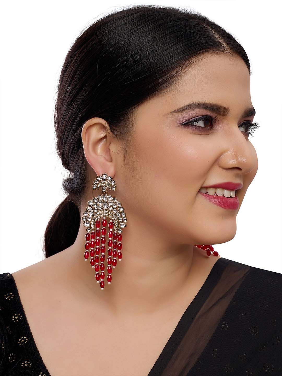 

Rhymee Gold Plated Kundan Studded & Beaded Contemporary Drop Earrings