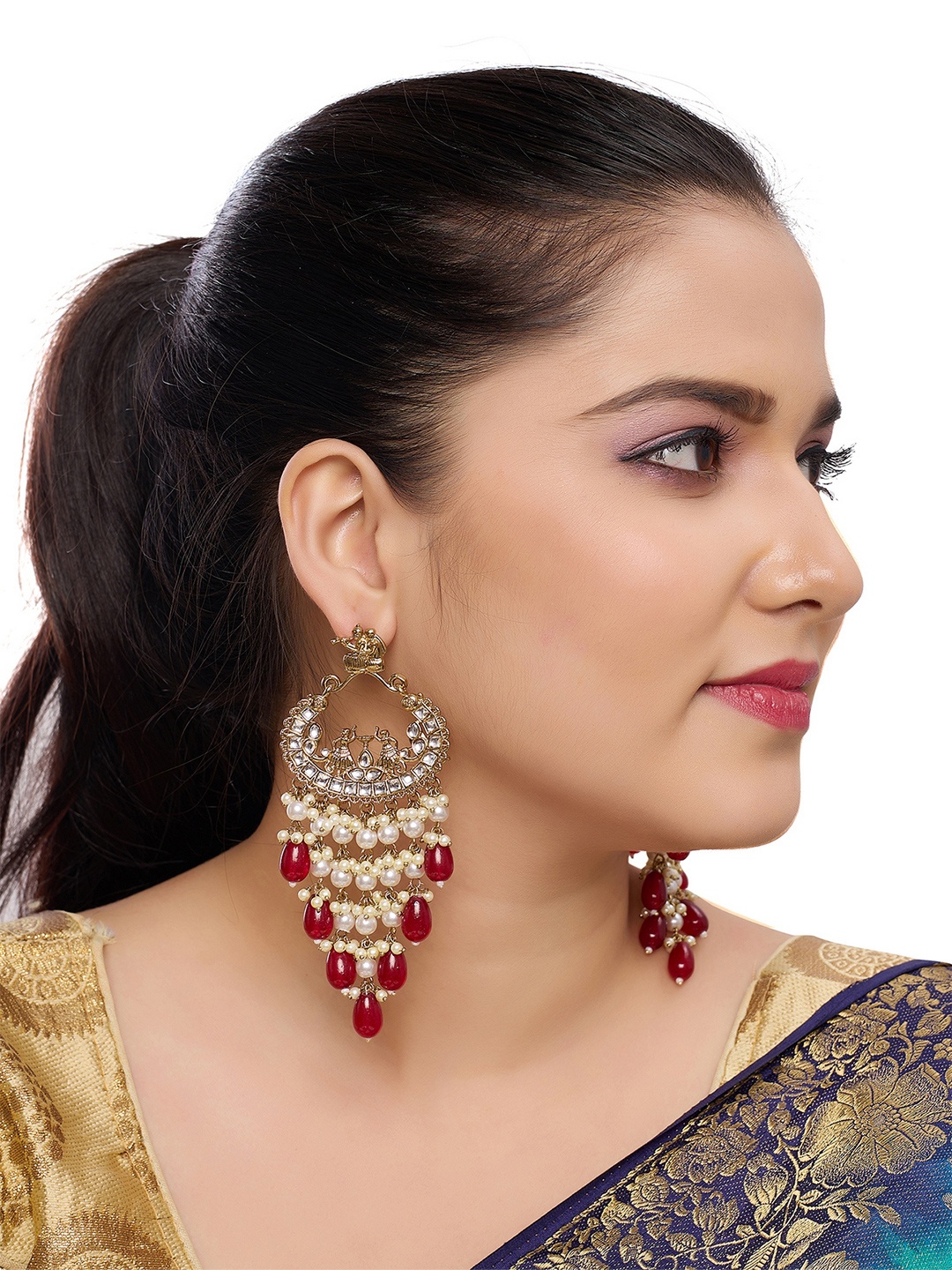 

Rhymee Gold Plated Kundan Studded & Beaded Contemporary Drop Earrings