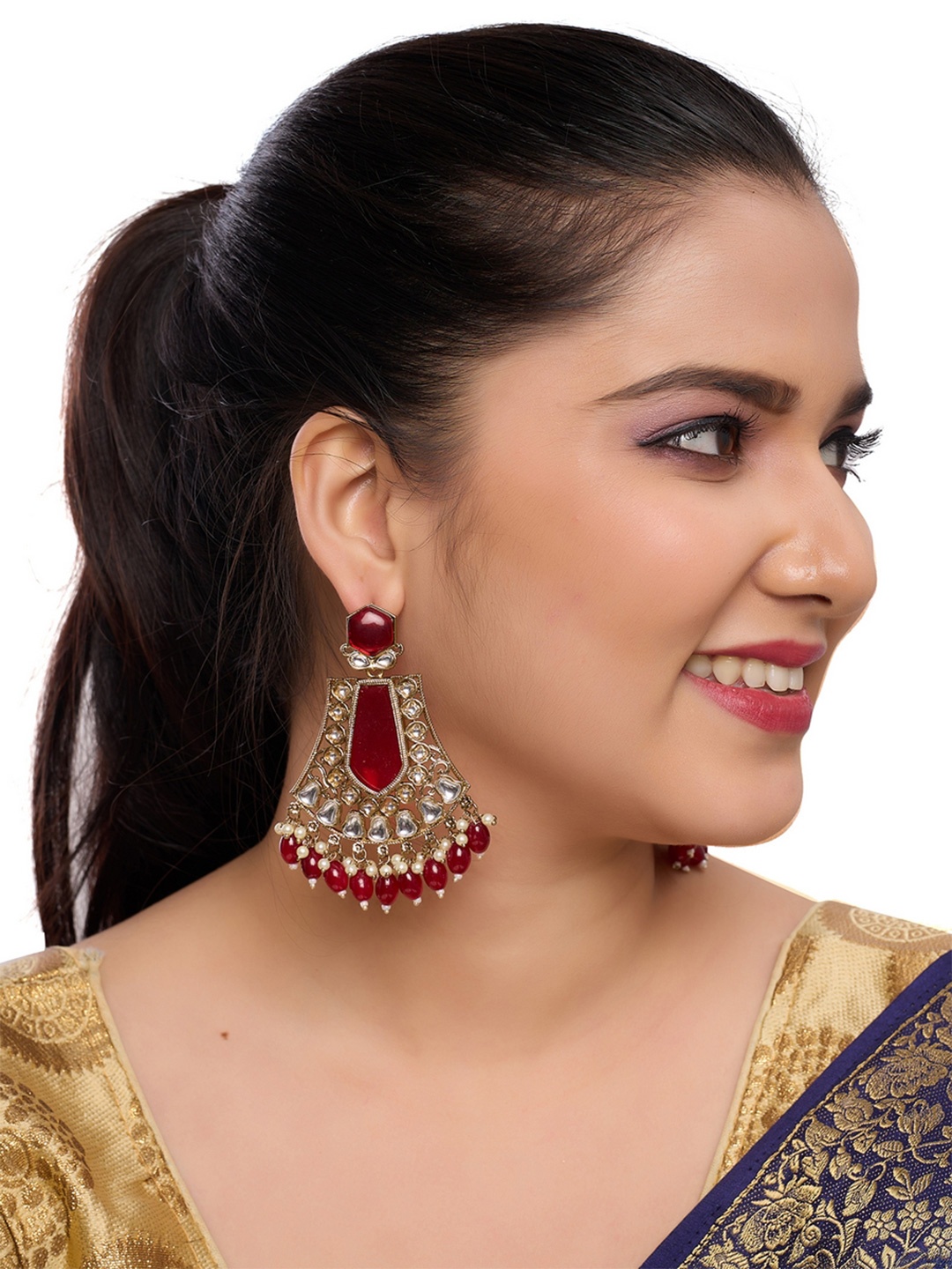 

Rhymee Gold Plated Kundan Studded & Beaded Contemporary Drop Earrings