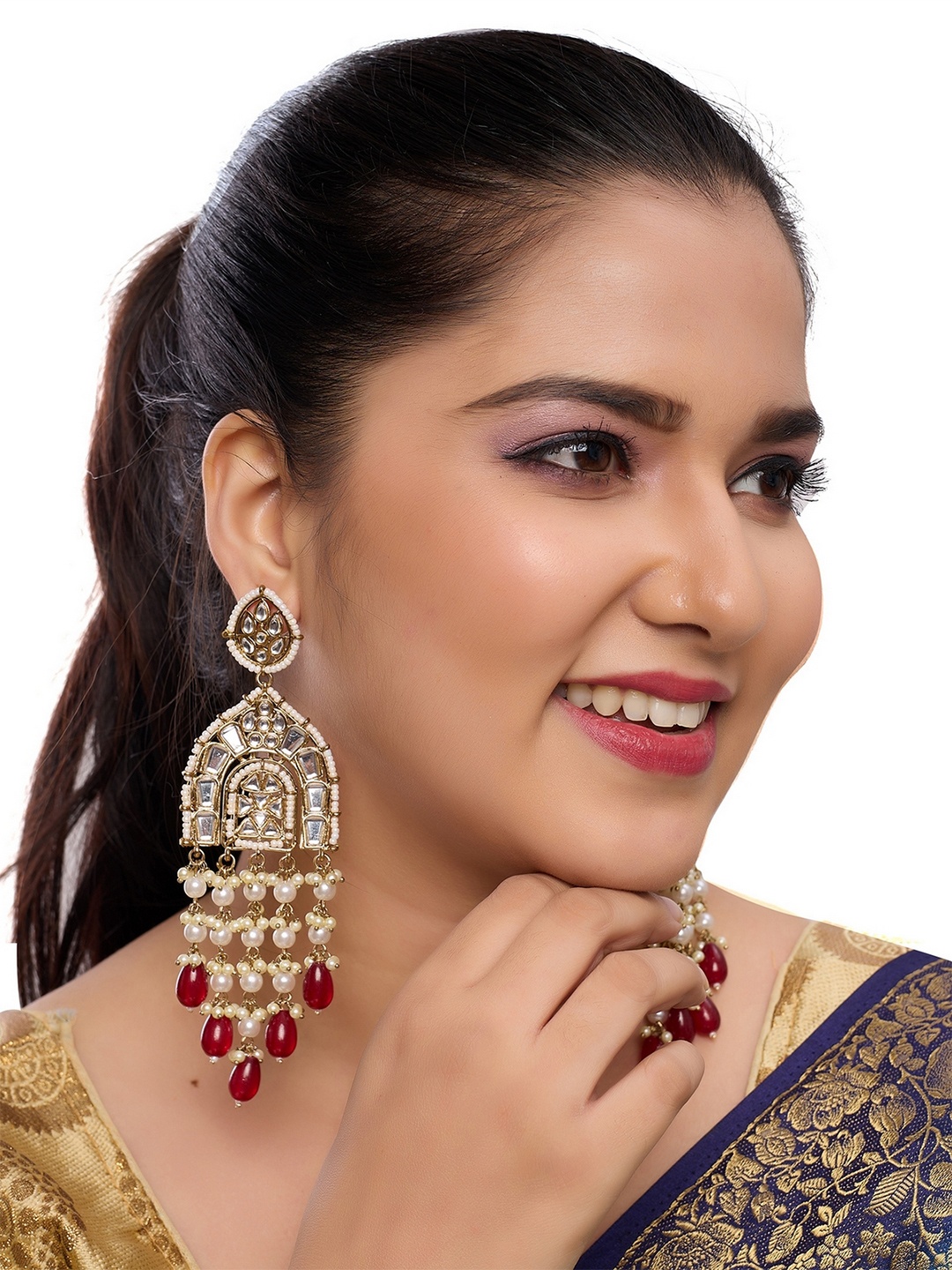 

Rhymee Gold Plated Kundan Studded & Beaded Contemporary Drop Earrings