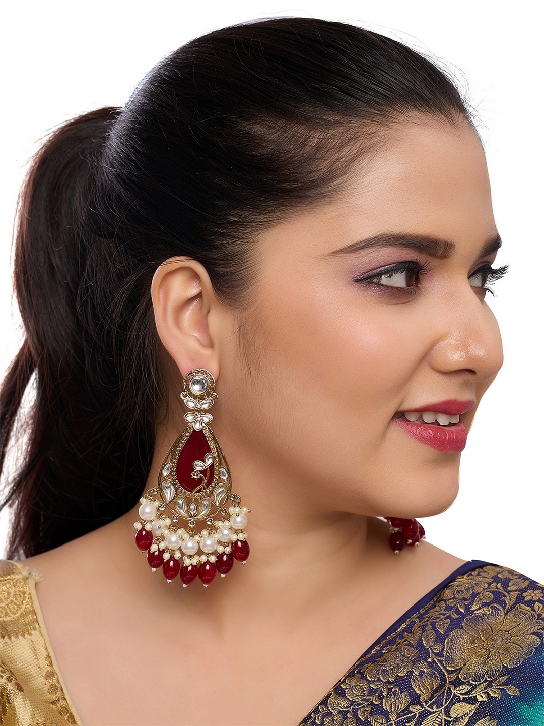 

Rhymee Gold Plated Kundan Studded & Beaded Contemporary Drop Earrings