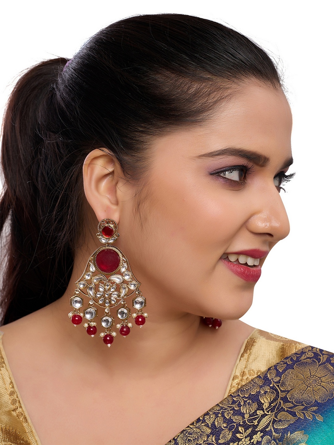 

Rhymee Gold-Plated Kundan & Beaded Drop Earrings, Maroon