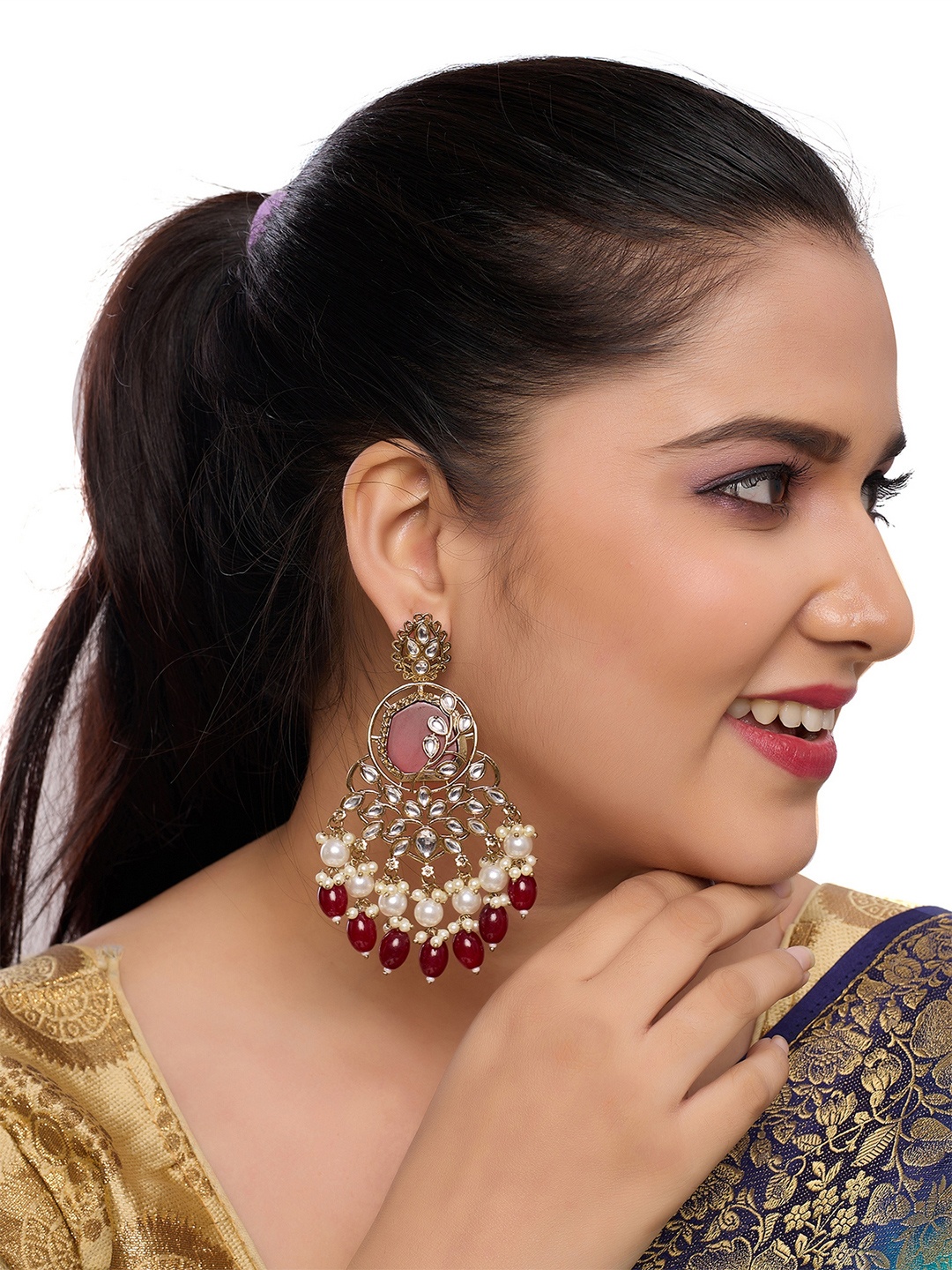 

Rhymee Gold-Plated Kundan & Beaded Drop Earrings, Maroon