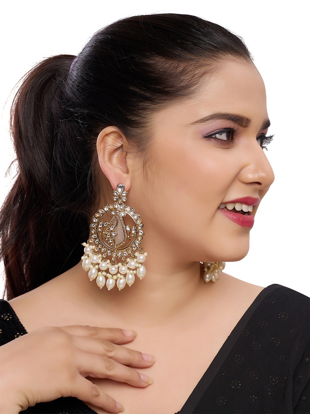 

Rhymee Gold Plated Kundan Studded & Beaded Contemporary Drop Earrings