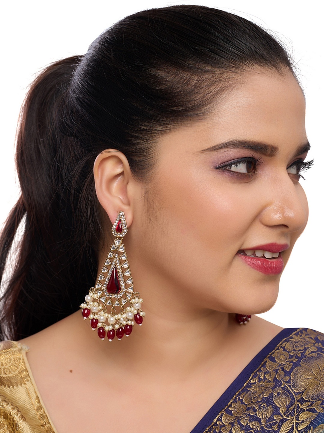 

Rhymee Gold Plated Kundan Studded & Beaded Contemporary Drop Earrings