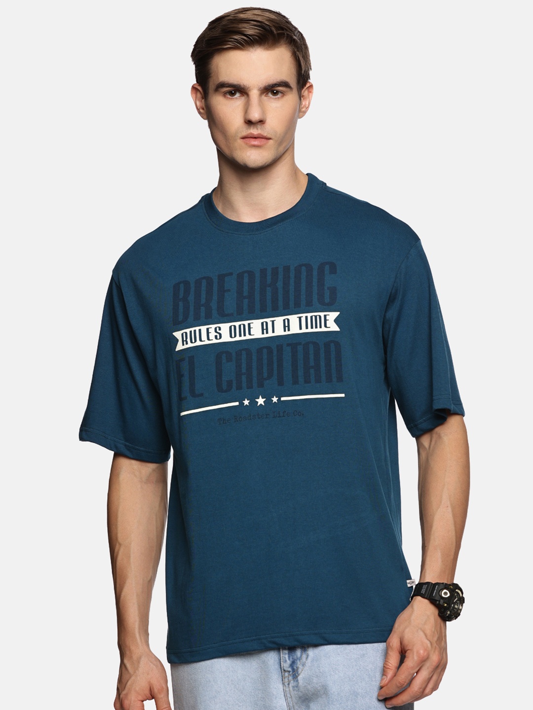 

The Roadster Lifestyle Co Printed Pure Cotton Relaxed-Fit Tshirts, Blue