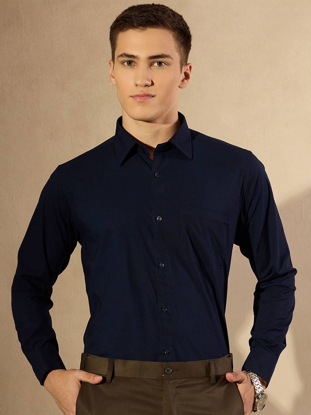 

DENNISON Men Self Design Solid Formal Shirt, Navy blue