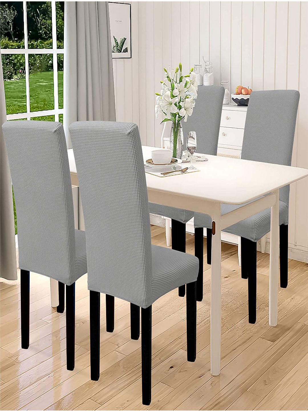 

HOUSE OF QUIRK Grey 4 Pieces Checked Stretchable Chair Covers