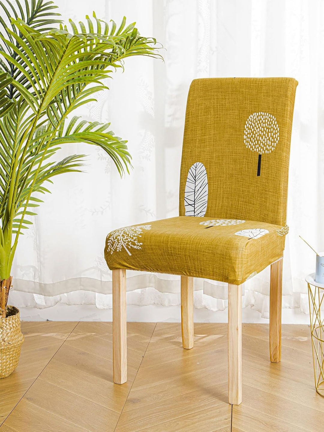 

HOUSE OF QUIRK Mustard Yellow & White 6 Pieces Printed Stretchable Chair Covers