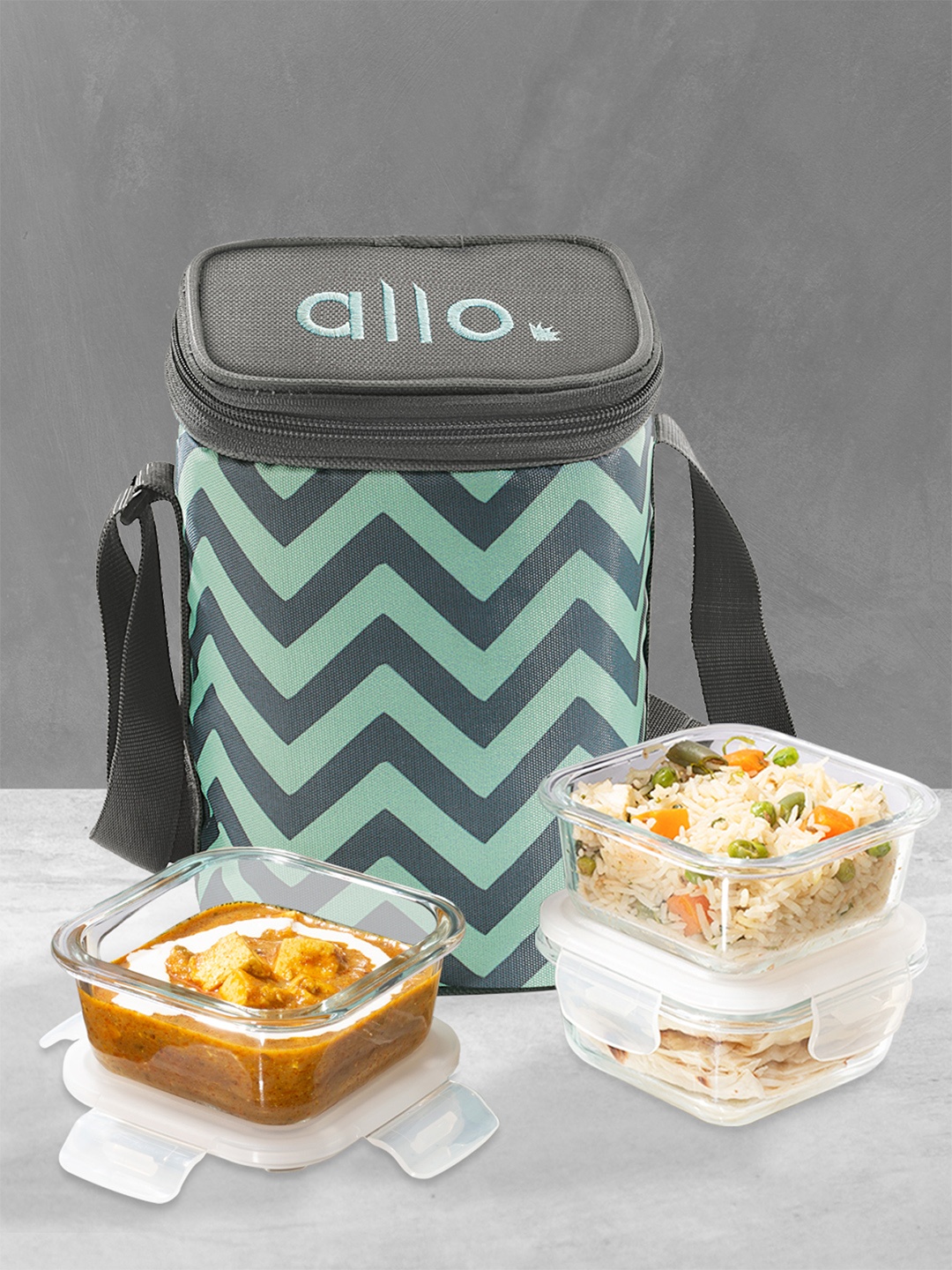 

Allo Microwave Oven Safe with Chevron Mint Bag Glass Lunch Box (320Ml x 3), Green