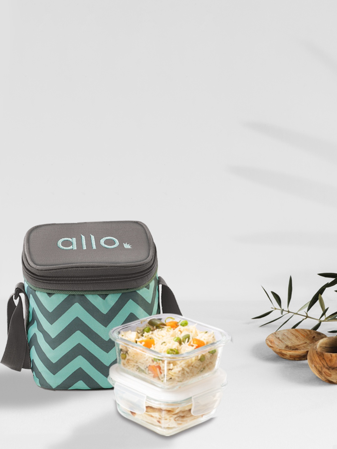 

Allo Microwave Oven Safe with Chevron Mint Bag Glass Lunch Box (320Ml x 2), Green