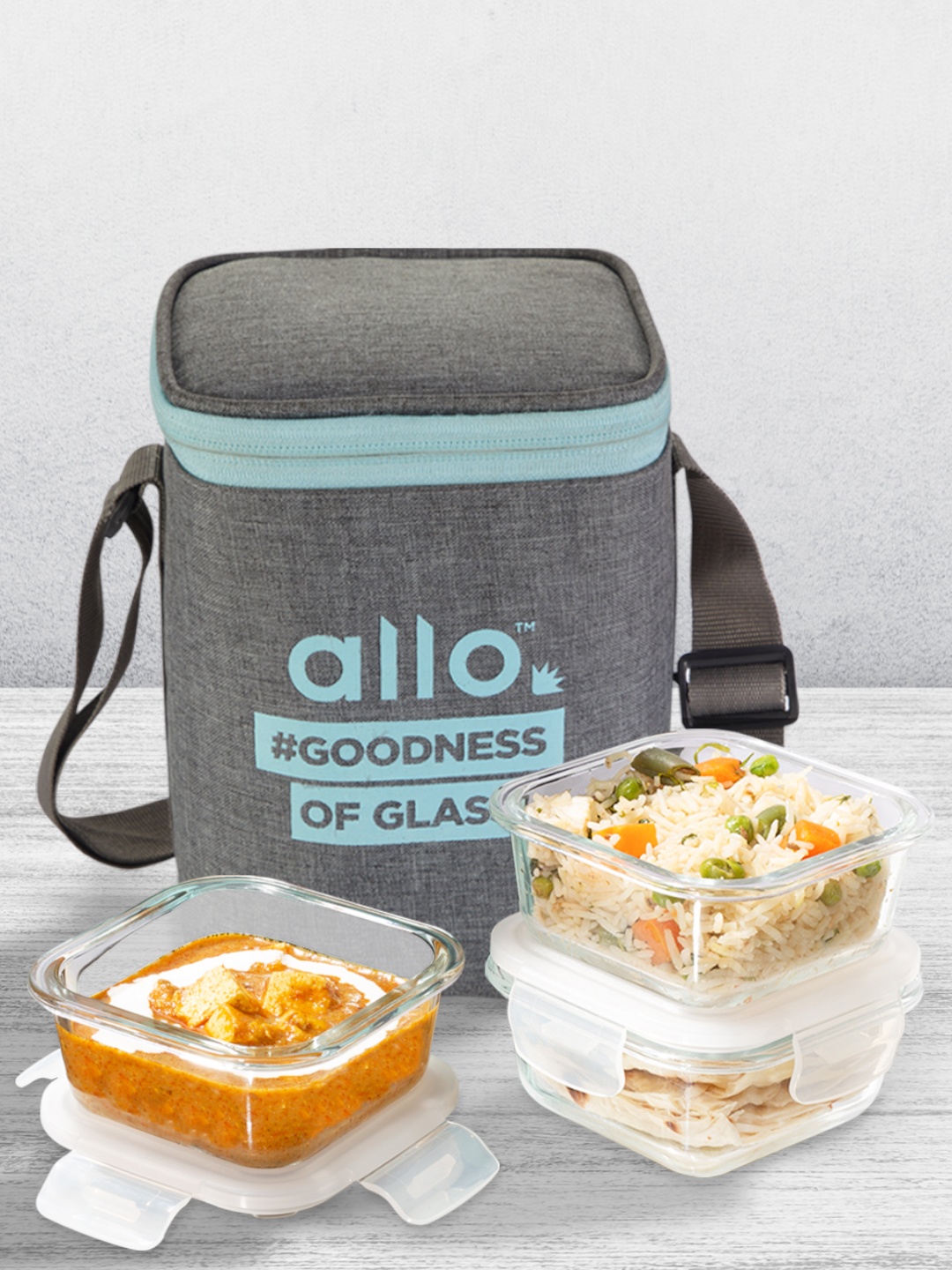 

Allo Microwave Oven Safe with Canvas Grey Bag Glass Lunch Box (320Ml x 3)