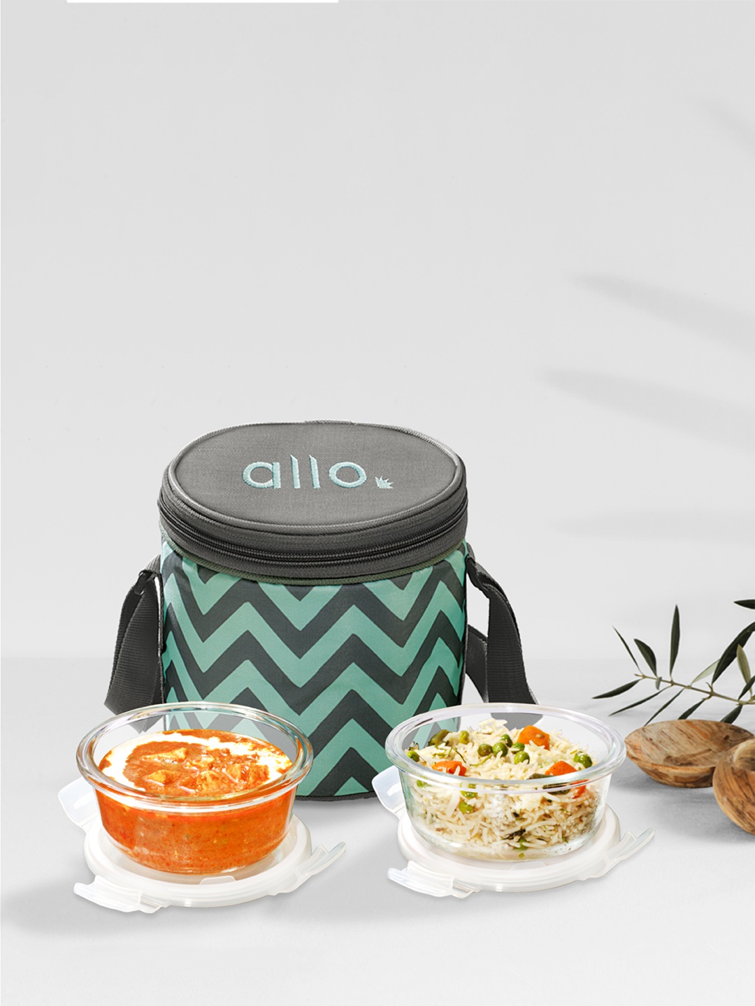 

Allo Microwave Safe Glass Lunch Box with Detachable Lock with Chevron Mint Bag (400ml x 2), Green