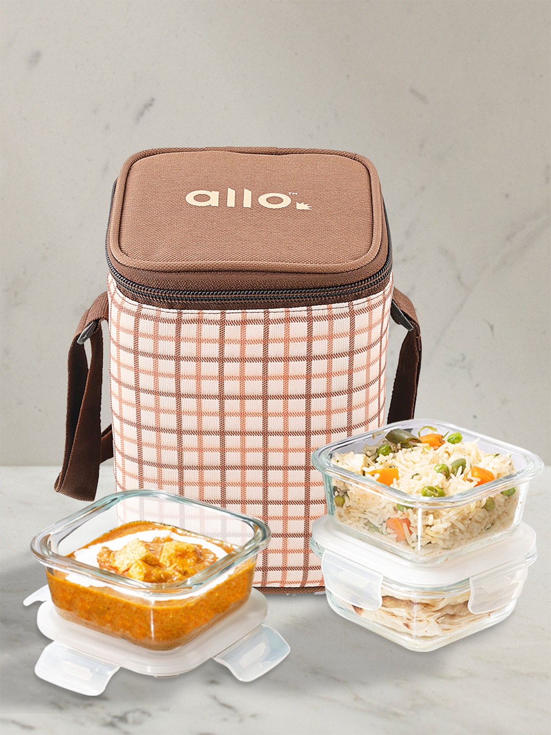 

Allo Microwave Oven Safe with Cocoa Brown Tiffin Bag Glass Lunch Box (320Ml x 3), Coffee brown