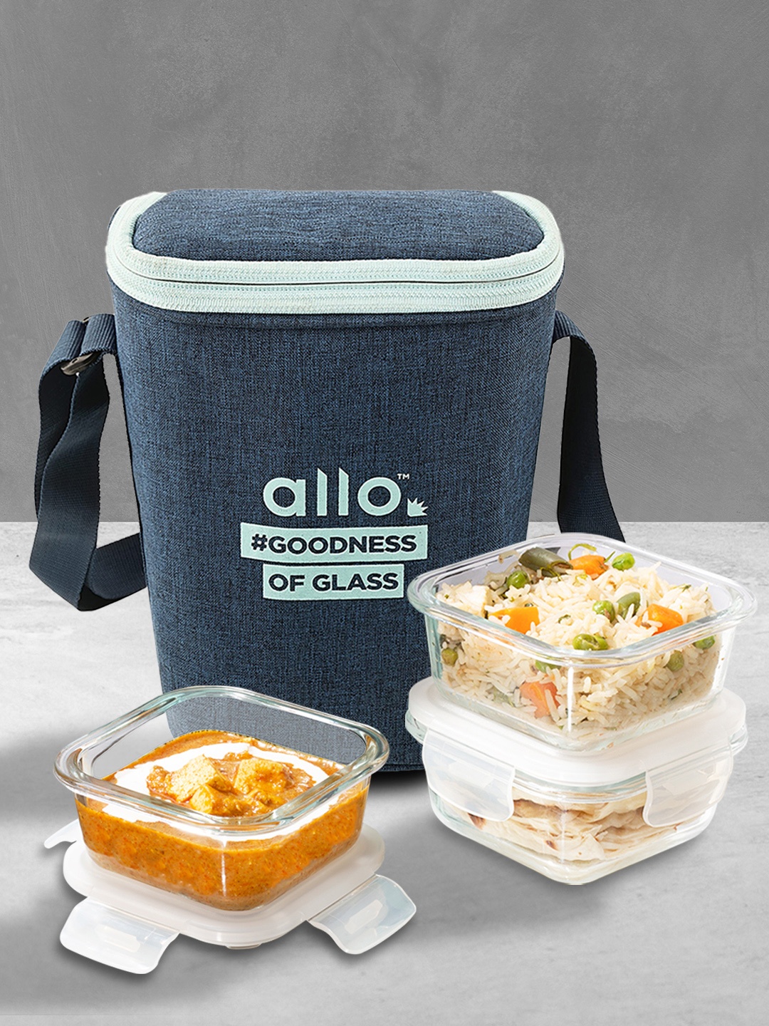 

Allo Microwave Oven Safe with Denim Blue Bag Glass Lunch Box (320Ml x 3)