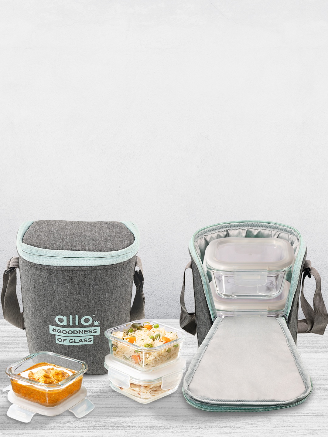 

Allo Microwave Oven Safe with Denim Grey Bag Glass Lunch Box (320Ml x 3)