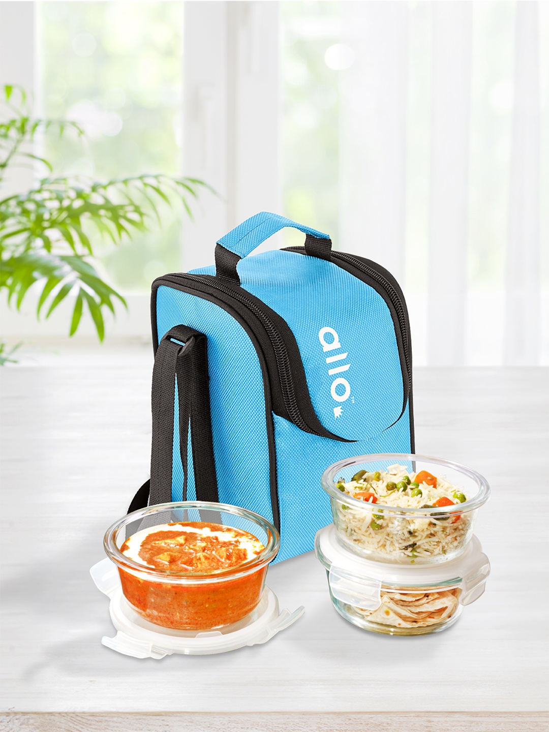 

Allo Microwave Safe Glass Lunch Box with Detachable Lock with Sky Blue Bag (400ml x 3)