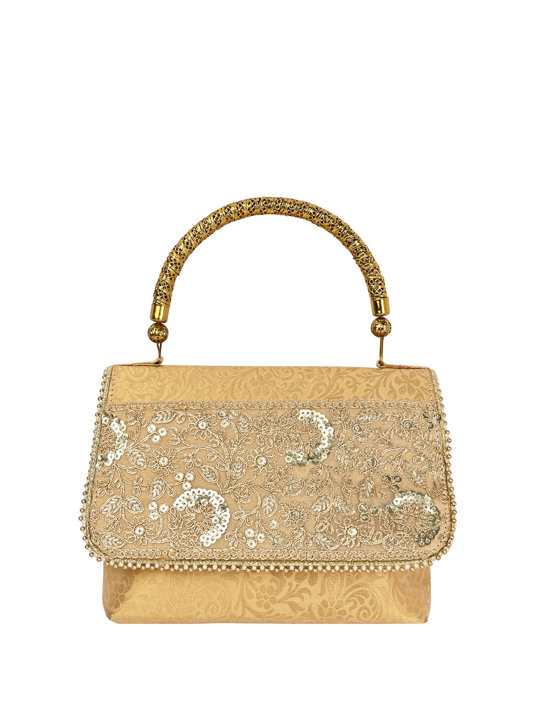

Rocia Embellished Structured Handheld Bag with Applique, Gold
